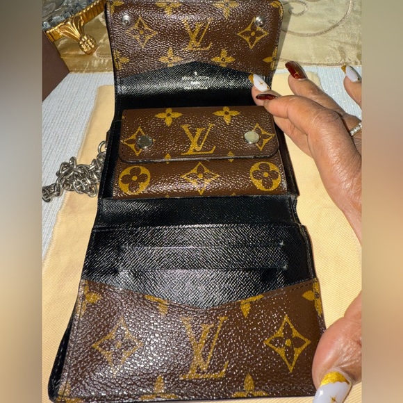 🔥AUTHENTIC LOUIS VUITTON BROWN TRI-FOLD CANVAS COMPACT WALLET W/SILVER CHAIN - Picture 10 of 16